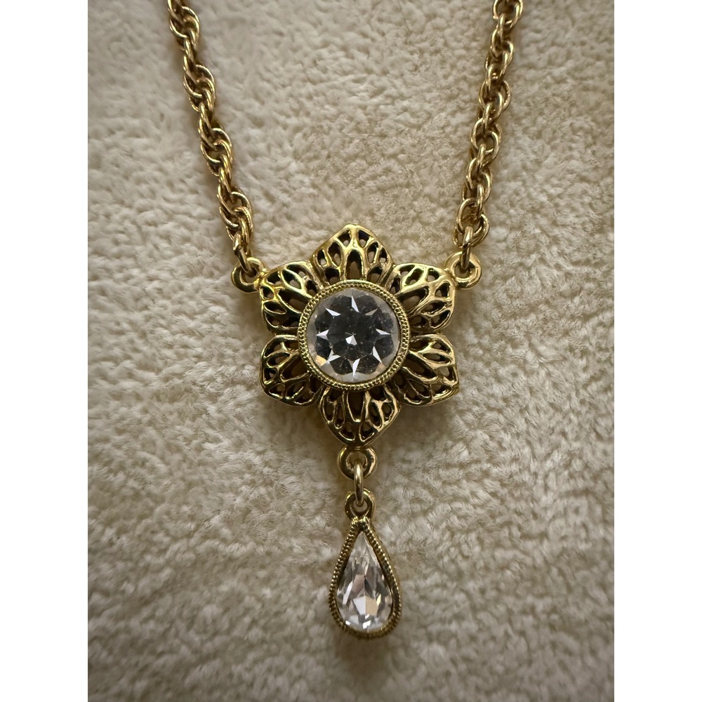 1928 Jewelry Gold Tone Filigree Flower Crystal Pendant Rope Chain Necklace